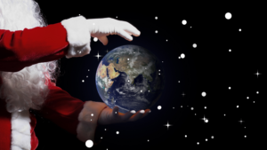 Santa Claus Scanning the Globe with SANTA TRACKER DASHBOARD